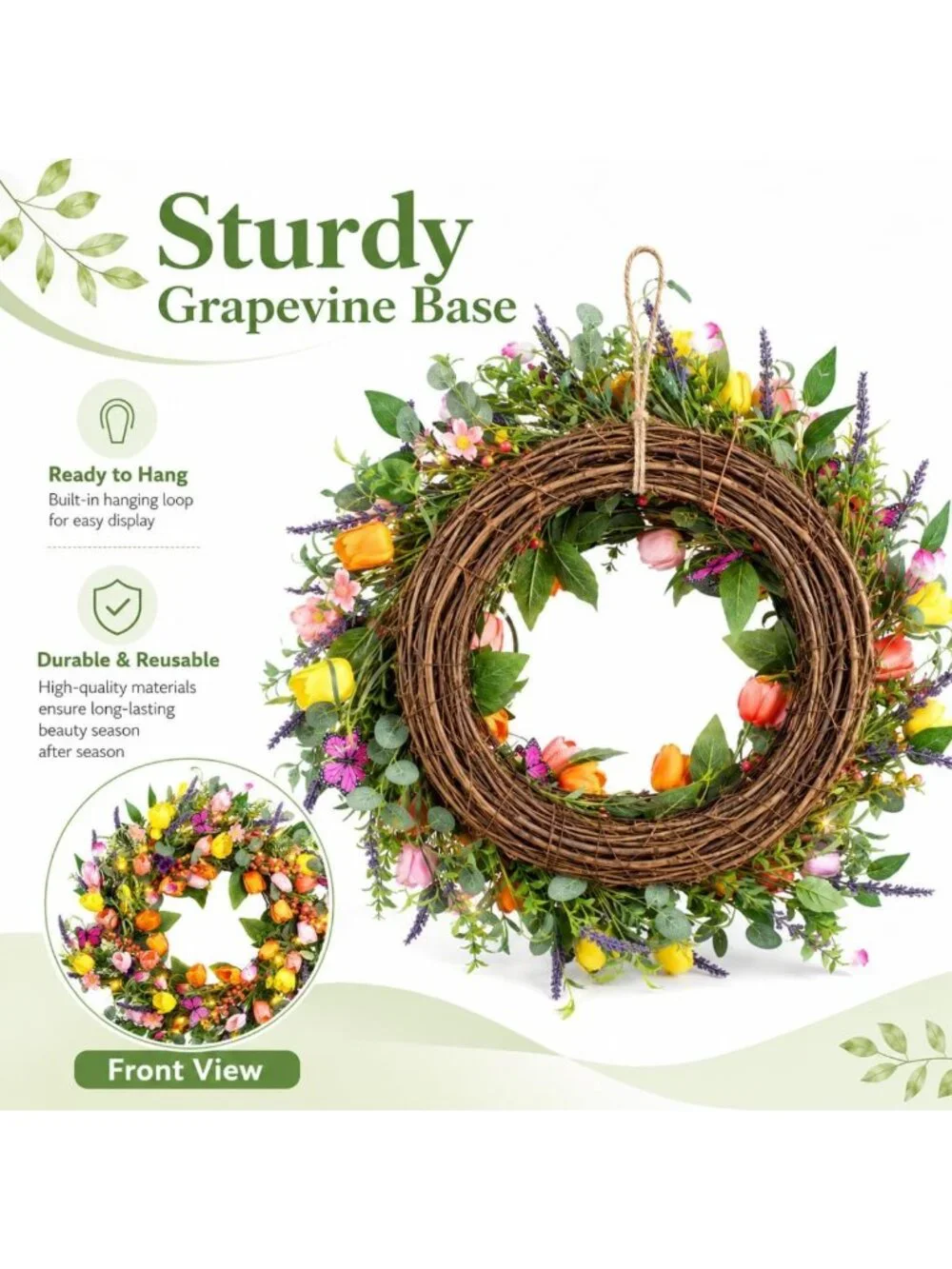 24-Inch Spring Tulip Wreath with Lights & Butterflies for Indoor/Outdoor Decor